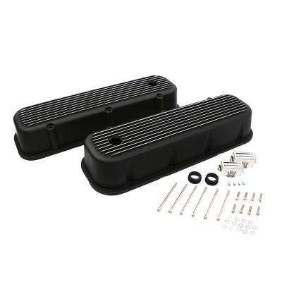 Assault Racing Products - 1965-95 Chevy 454 Finned Black Aluminum Tall Valve Covers - Big Block 427 396