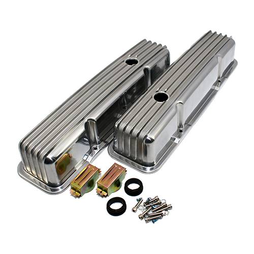 58-86 SBC Chevy 327 Finned Retro Polished Aluminum Valve Covers W/ Air Cleaner 