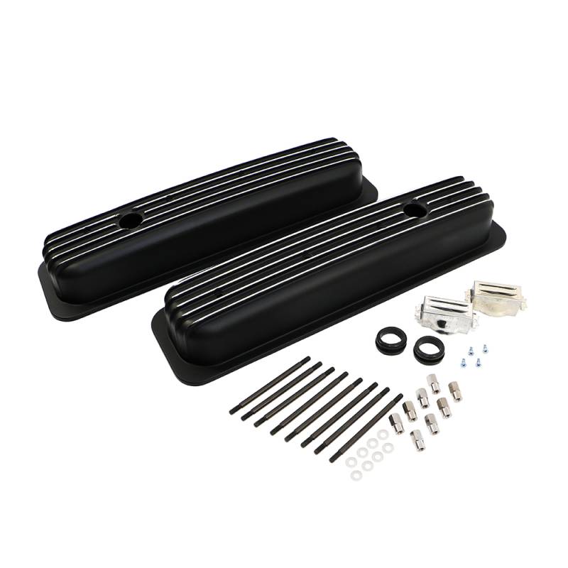 Tall Black Aluminum Finned Valve Covers For Chevy SBC 350/383 - Center Bolt Vortec TBI
