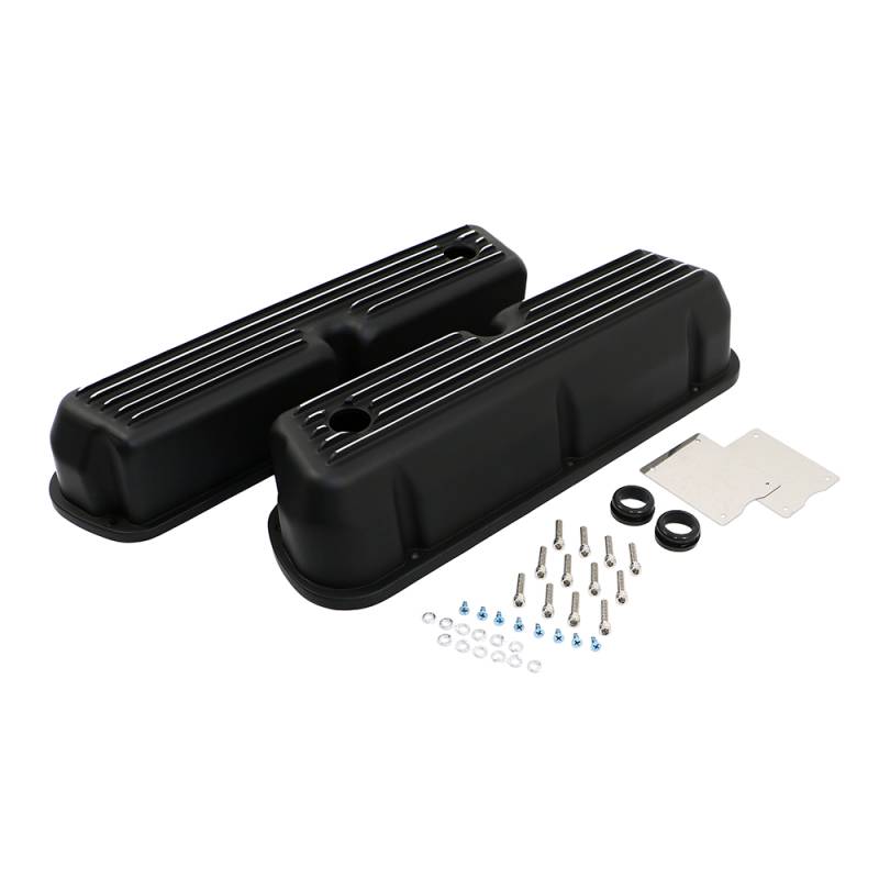 SBF Ford 302 Retro Finned Black Polished Fins Aluminum Tall Valve Covers 351W