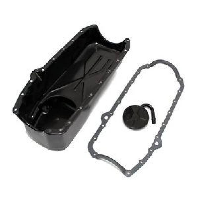 Small Block Chevy 58-79 4QT Black Painted Oil Pan 350 SBC W/ STD Pick up Gasket 