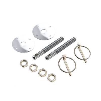 Assault Racing Products - Chrome Aluminum Hood Pin Kit Q-Clips w/ Scuff Plates Circle Track Drag Hot Rod