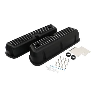 Assault Racing Products - SBF Ford 302 Retro Finned Black Polished Fins Aluminum Tall Valve Covers 351W