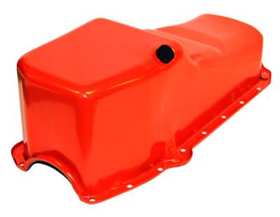 Assault Racing Products - SBC 58-79 Stock Capacity Orange Painted Oil Pan 327 350 400 Chevy Small Block