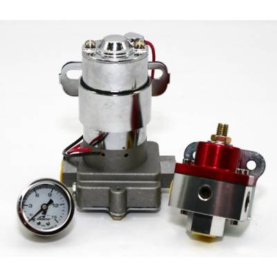 KMJ Performance Parts - High Flow Electric Fuel Pump 140GPH Universal w/ Red Regulator & Pressure Gauge