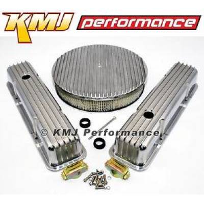 KMJ Performance Parts - SBC Chevy 350 Finned Retro Polished Aluminum Tall Valve Covers W/ Air Cleaner