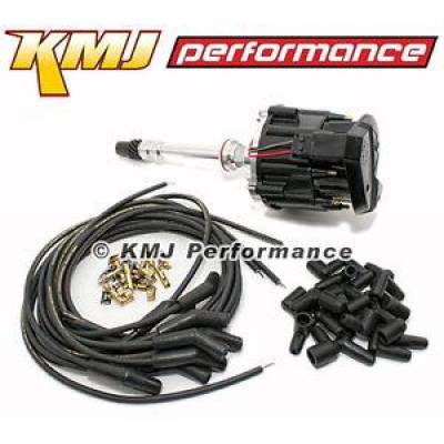 KMJ Performance Parts - SBC BBC Chevy 350 454 HEI Distributor & Moroso Plug Wires 135* 65kv Black Cap
