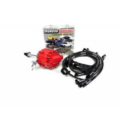 KMJ Performance Parts - SBC Chevy 350 HEI Red Distributor Moroso Race Spark Plug Wires 90* Boot Kit Set