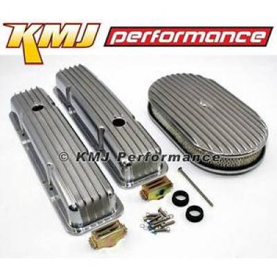 KMJ Performance Parts - 58-86 SBC Chevy 350 Finned Retro Aluminum Valve Covers Air Cleaner Dress Up Kit