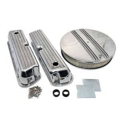 KMJ Performance Parts - Ford 289 302 351W Finned Retro Aluminum Valve Covers & Half Finned Air Cleaner