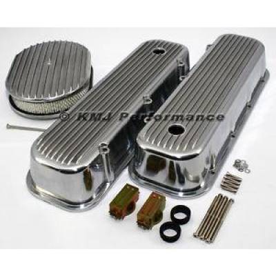 KMJ Performance Parts - BBC Chevy 454 Retro Finned Polished Aluminum Valve Covers w/ Air Cleaner Kit