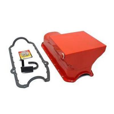 KMJ Performance Parts - 58-79 SBC Chevy Orange Drag Style Oil Pan 7qt 350 400 / STD. Pickup Bolts Gasket