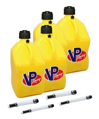 VP Racing Fuels - VP Racing Square Fuel Jug Gas Can 4 Pack + 4 Fill Hoses - YELLOW
