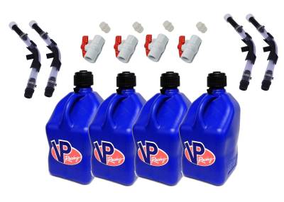 VP Racing Fuels - VP Racing 4-Pack Square Fuel Jugs with 4 Hoses, 4 Benders, and 4 Ball Valves - Blue