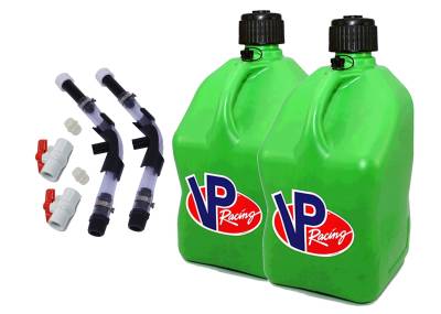 VP Racing Fuels - VP Fuel 2 Pack 5 Gallon Fuel Cans + 2 Hoses, Benders, and Ball Valves - GREEN