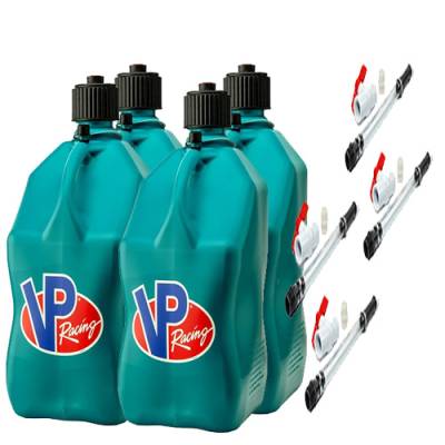 VP Racing Fuels - VP Racing 4-Pack Square Fuel Jugs with 4 Hoses, and 4 Ball Valves - CARIBBEAN BLUE