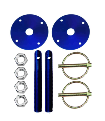Assault Racing Products - BLUE Aluminum Hood Pin Kit Q-Clips w/ Scuff Plates