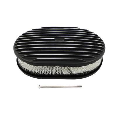 12" x 2" Oval Finned Black Polished Fins Aluminum Air Cleaner Assembly Black