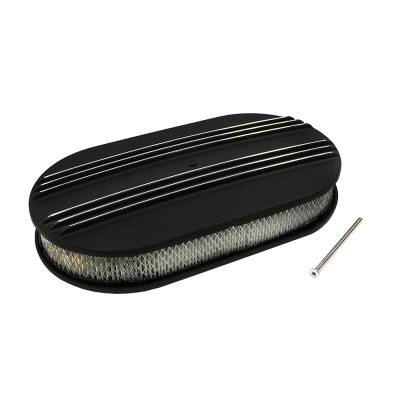 Engine Components - Air Cleaner Assemblies and Air Filters  - Assault Racing Products - 15" Polished Half Finned Black Powder Coated Aluminum Oval Retro Air Cleaner