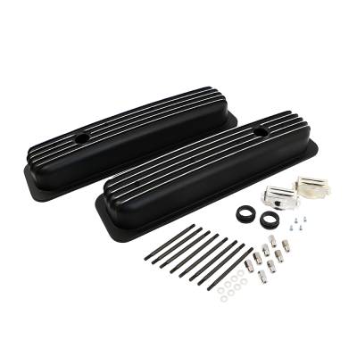 350 Retro Vortec Chevy Finned Aluminum Short Black W/ Polished Fins Valve Covers