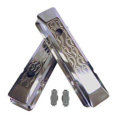 58-86 SBC Chevy 350 400 Flame Top Polished Aluminum Recessed Tall Valve Covers