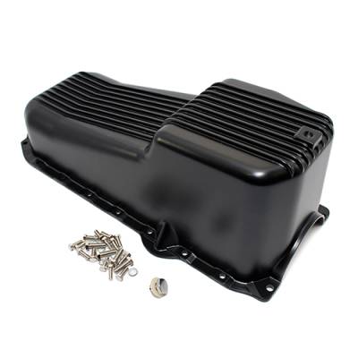 Oil Pans, Pick ups, and Dipsticks - Oil Pan  - Assault Racing Products - 86-02 SBC Finned Black Powder Coated Aluminum Oil Pan Small Block Chevy 1PC Seal