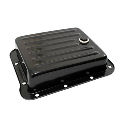 Transmission Pans, Dipsticks, and Gaskets  - Transmission Pans  - Assault Racing Products - Ford C4 Black Steel Automatic Transmission Pan- Case Fill Style - Stock Capacity