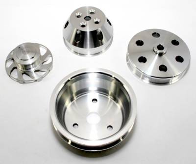 Engine Components - Pulleys and Pulley Kits  - Assault Racing Products - Small Block Chevy 350 Long Water Pump Serpentine Billet Aluminum Pulley Kit Set