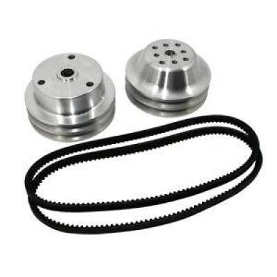 SBC Chevy 350 Long Water Pump and Crank Aluminum Pulley Kit 1:1 - Double Groove