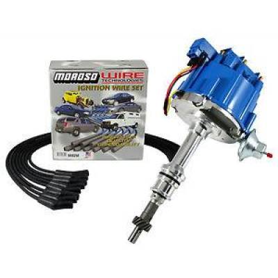 SBF Small Block Ford 351W Windsor HEI Distributor Blue Cap & Moroso Wire Kit