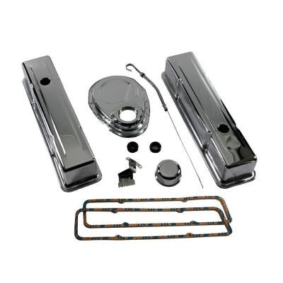 SBC Chevy Chrome Dress Up Kit w/ Tall Valve Covers - 350 400 W/ Fel Pro 1604
