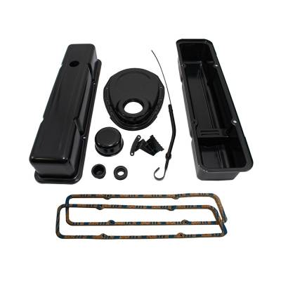 1958-86 SBC Chevy Black Dress Up Kit / Tall Valve Covers 350 400 W/ Fel Pro 1604