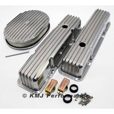 Engine Components - Dress up Kits  - KMJ Performance Parts - 58-86 SBC Chevy 327 Finned Retro Polished Aluminum Valve Covers 12"; Air Cleaner