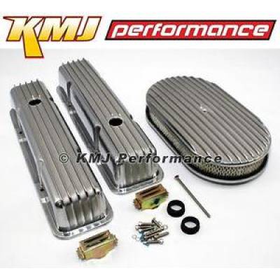 Engine Components - Dress up Kits  - KMJ Performance Parts - Chevy 307 327 350 400 Finned Retro Polished Aluminum Valve Covers W/ Air Cleaner