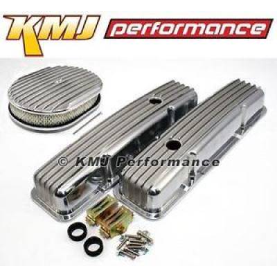 58-86 SBC Chevy 327 Finned Retro Polished Aluminum Valve Covers W/ Air Cleaner
