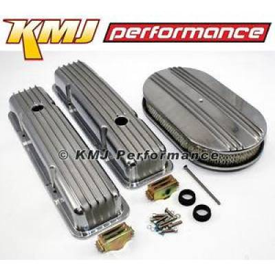 Chevy 305 350 Half Finned Short Polished Aluminum Valve Covers & Air Cleaner Kit