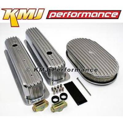 Engine Components - Dress up Kits  - KMJ Performance Parts - SBC Chevy 5.7L Full Finned Retro Vortec Aluminum Valve Covers & 15"; Air Cleaner