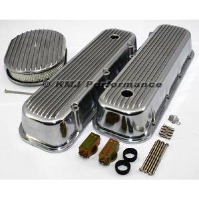 BBC Chevy 454 Retro Finned Polished Aluminum Valve Covers w/ Air Cleaner Kit