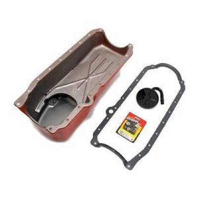 1986-02 SBC Chevy Orange Oil Pan 305 350 1 PC Main / STD. Pickup Studs & Gasket