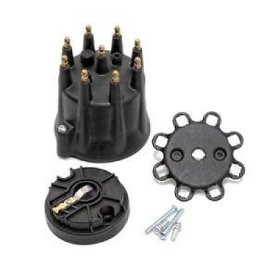 Ignition and Electrical - Distributors and Accessories - KMJ Performance Parts - Chevy Black Pro Billet Cap and Rotor Kit Brass Terminal SBC BBC / Wire Hold Down