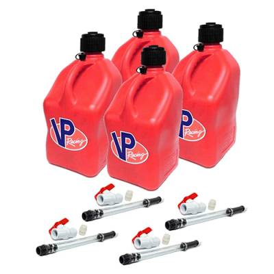VP Racing Red 4 Pack & 4 Filler Hose Ball Valve Kits Round Fuel Jug Alcohol NHRA 