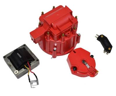 Ignition and Electrical - Distributors and Accessories - KMJ Performance Parts - Chevy HEI Red Brass Terminal Cap Rotor & Module Tune Up Kit + 65kv Ignition Coil
