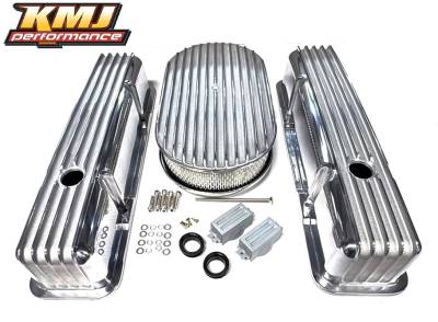 Chevy 307 327 350 400 Finned Retro Polished Aluminum Valve Covers W/ Air Cleaner