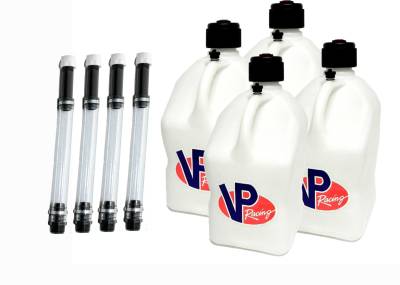 VP Racing Square Fuel Jug Gas Can 4 Pack + 4 Fill Hoses - WHITE
