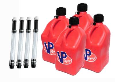 VP Racing Square Fuel Jug Gas Can 4 Pack + 4 Fill Hoses - RED