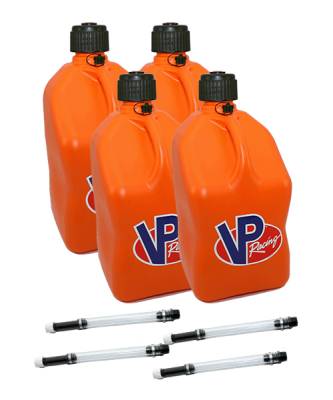 VP Racing Square Fuel Jug Gas Can 4 Pack + 4 Fill Hoses - ORANGE