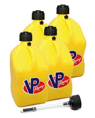 VP Racing 4-Pack Square Fuel Jugs with extra Cap and Filler Hose - YELLOW