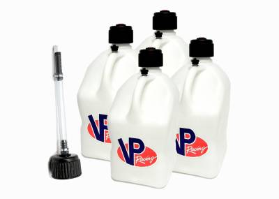 VP Racing 4-Pack Square Fuel Jugs with extra Cap and Filler Hose - WHITE