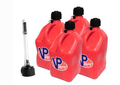 VP Racing 4-Pack Square Fuel Jugs with extra Cap and Filler Hose - RED