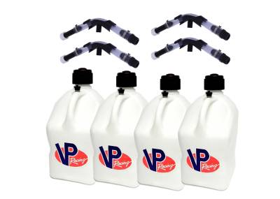 VP Racing 4-Pack Square Fuel Jugs with 4 Hoses and 4 Benders - White